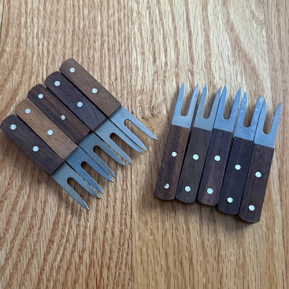 Vintage MCM Set of 10 Wood Handle Stainless Hors D’Oeuvre / Corn Holder Forks